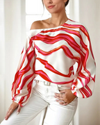 Freya Women’s One Shoulder Blouse – Asymmetrical Wave Print Top with Balloon Sleeves