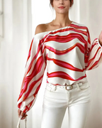 Freya Women’s One Shoulder Blouse – Asymmetrical Wave Print Top with Balloon Sleeves