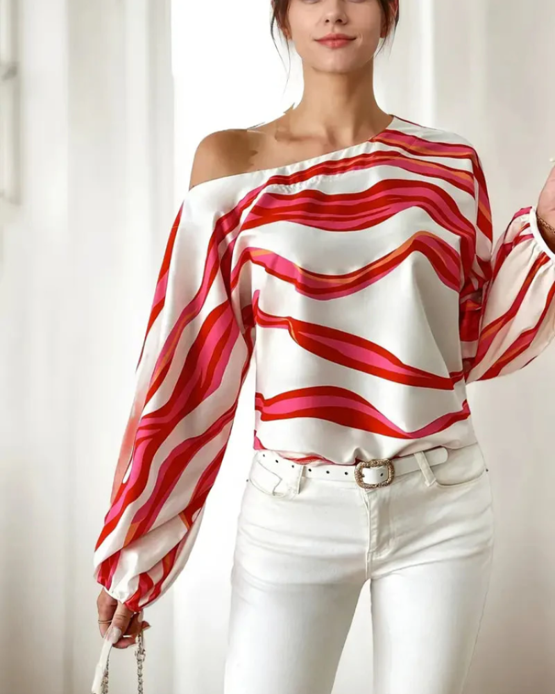 Freya Women’s One Shoulder Blouse – Asymmetrical Wave Print Top with Balloon Sleeves