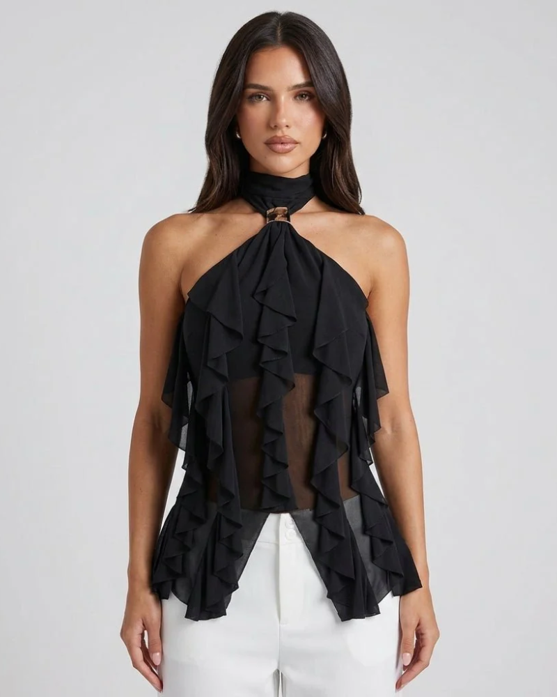 Caris Women's Halter Top – Elegant Ruffle Evening Top with Gold Accent Detail