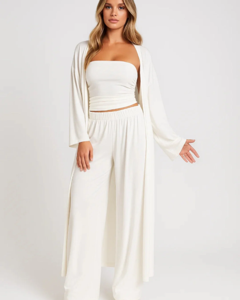 Sienna Women's 3 Piece Set – Strapless Crop Top, Wide Leg Pants & Cardigan Outfit