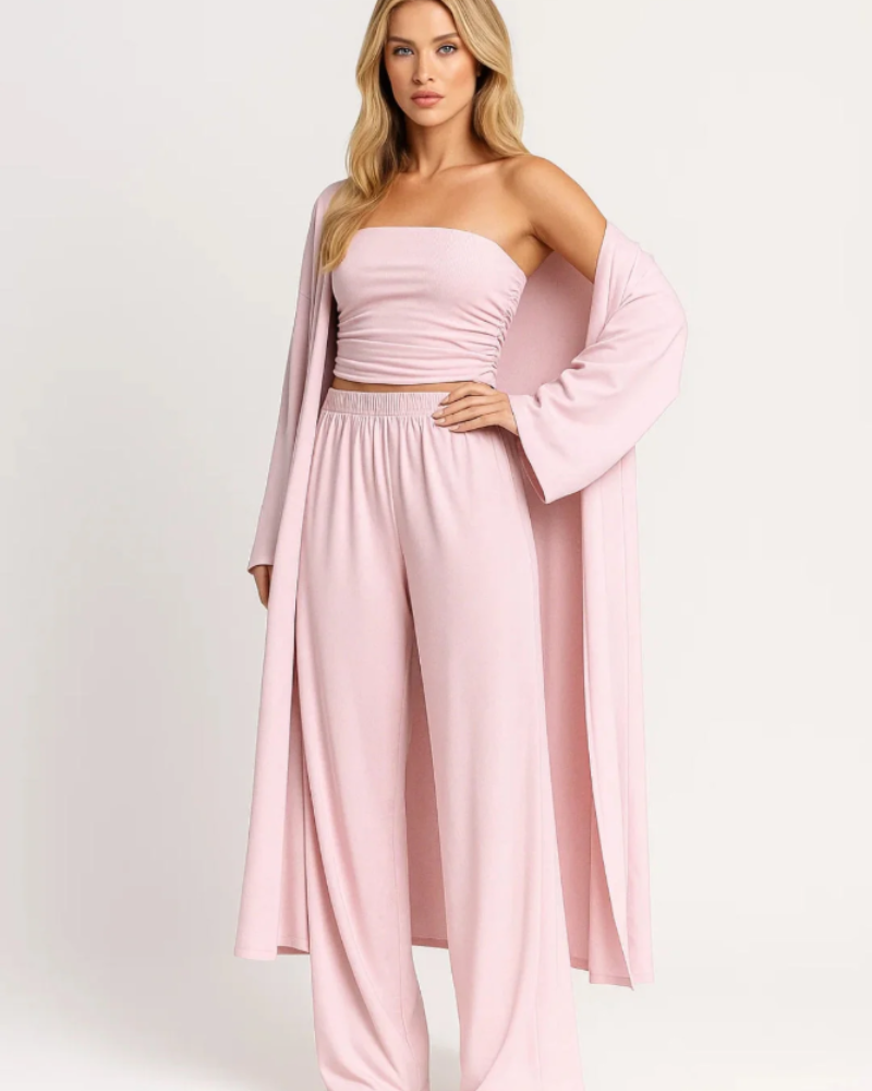 Sienna Women's 3 Piece Set – Strapless Crop Top, Wide Leg Pants & Cardigan Outfit