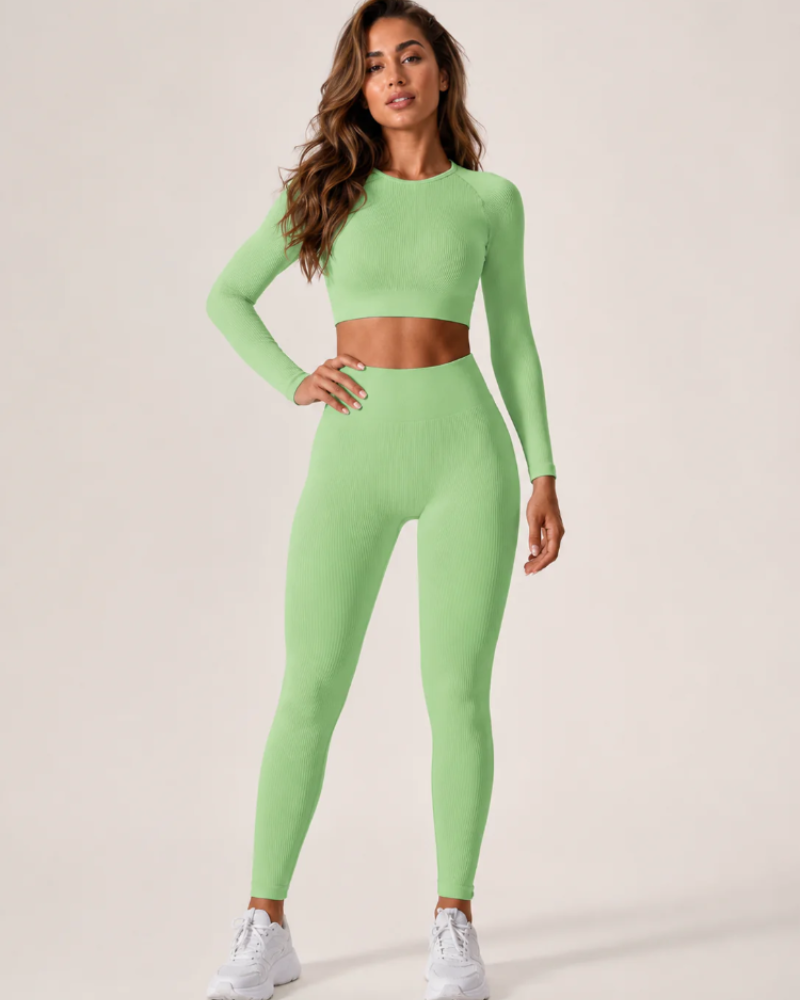 Whitney Women's Seamless Workout Set – Long-Sleeve Crop Top & High-Waist Leggings