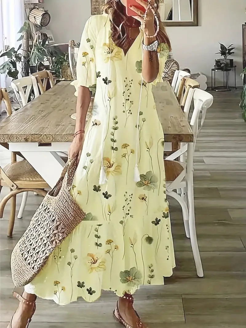 Charm Women's Boho Dress – V-Neck Ruffle Ikat Print Summer Dress