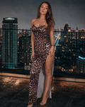 Fiona Women's Leopard Satin Maxi Dress – High-Slit Evening Slip Dress
