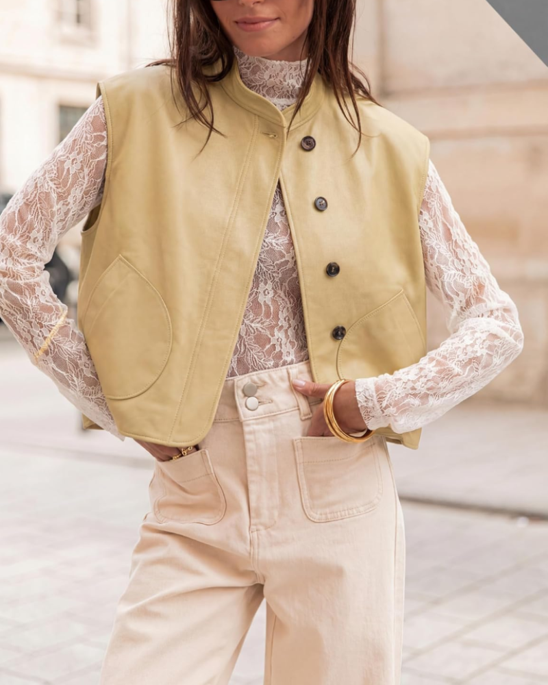 Madeline Women’s Cotton Utility Vest – Oversized Button-Up with Stand Collar & Pockets