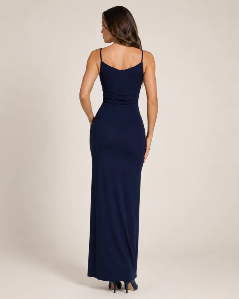 Blythe Women's Navy Maxi Dress – Fitted High-Slit Formal Evening Gown