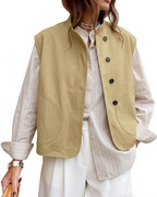 Madeline Women’s Cotton Utility Vest – Oversized Button-Up with Stand Collar & Pockets
