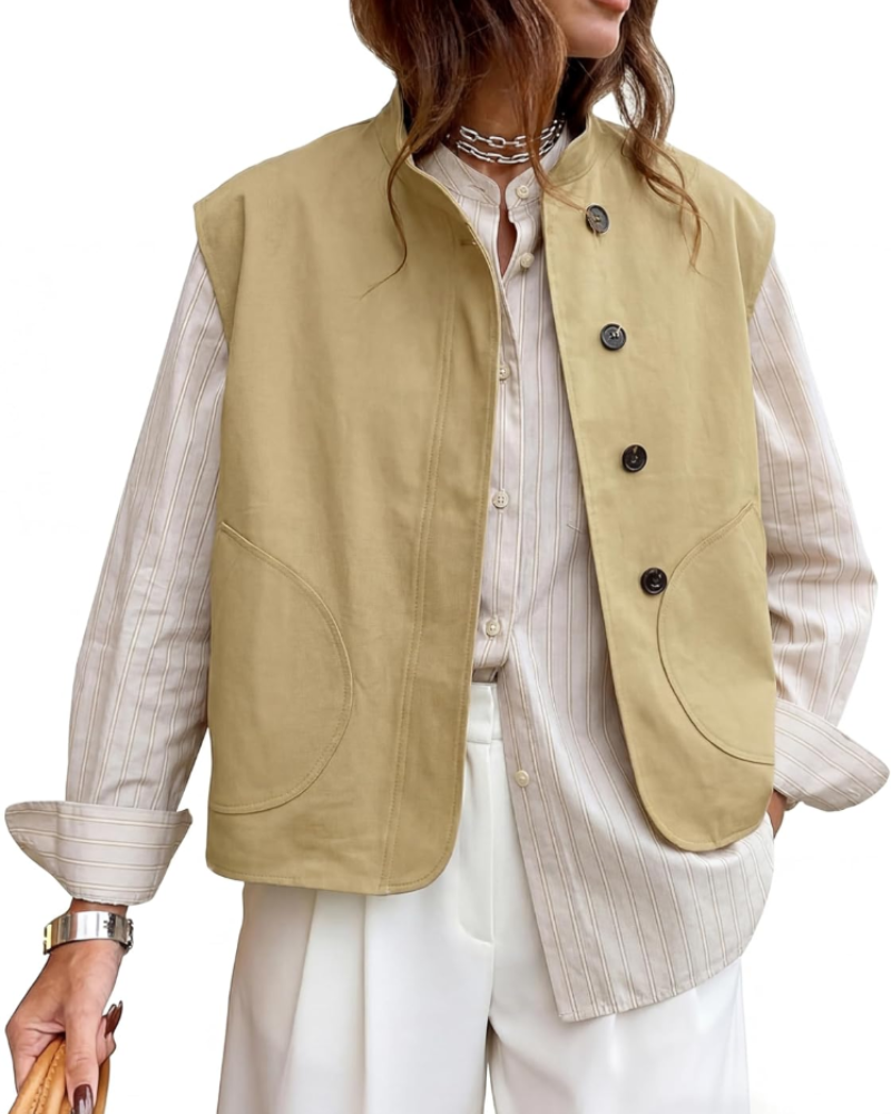 Madeline Women’s Cotton Utility Vest – Oversized Button-Up with Stand Collar & Pockets