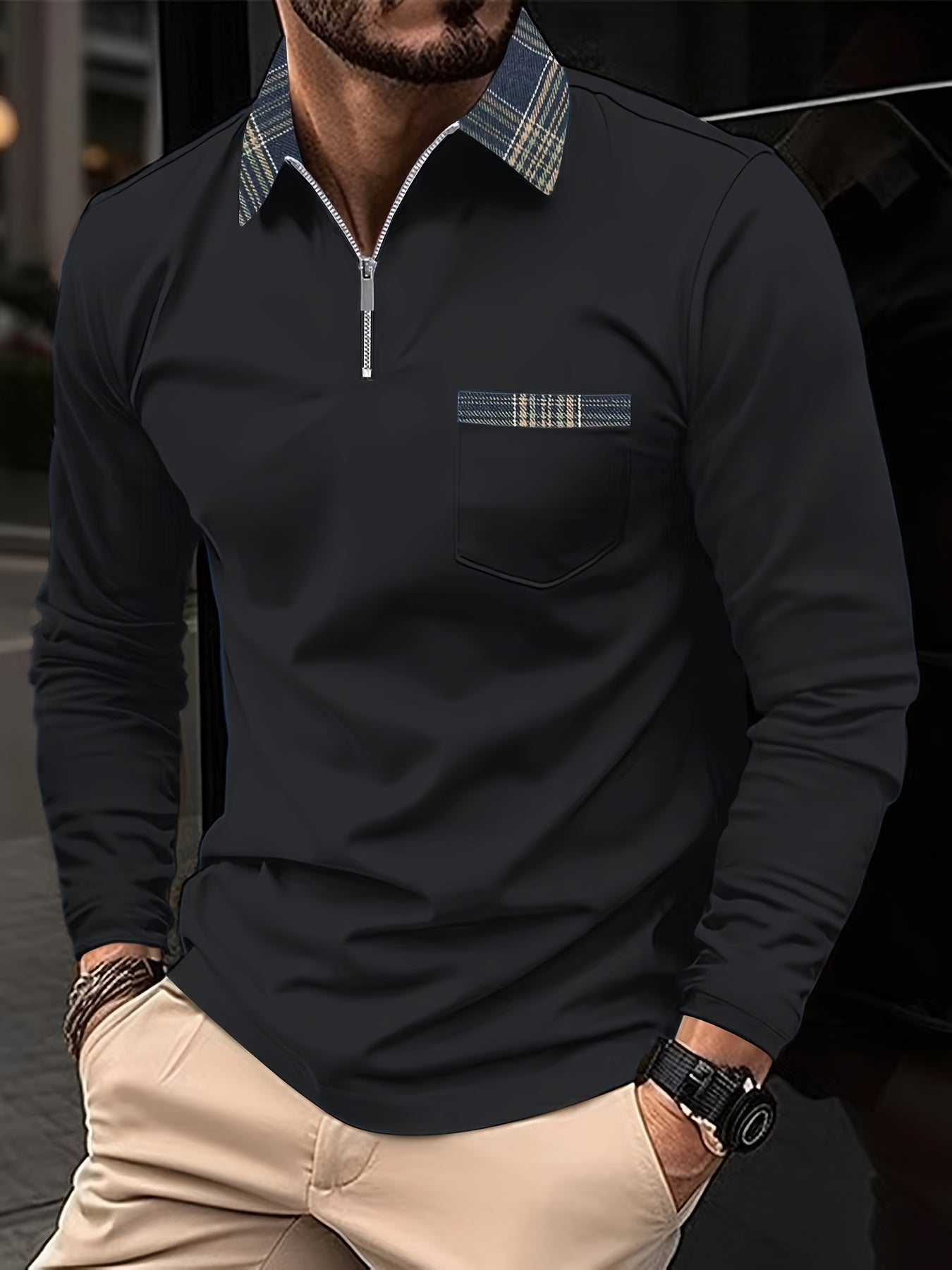 Frank Men's Long Sleeve Polo – Zip Collar Check Pattern Shirt for Smart Casual Wear