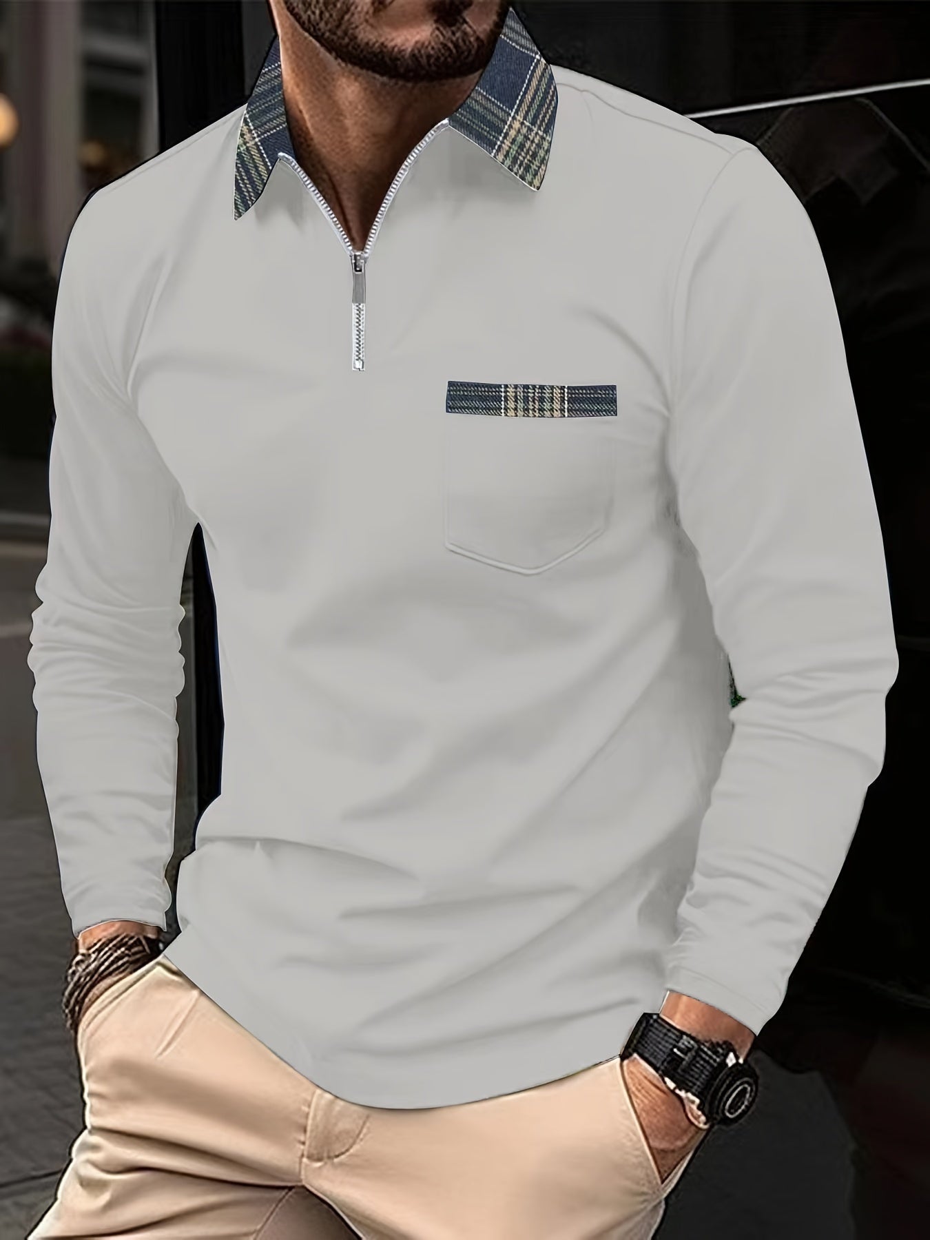 Frank Men's Long Sleeve Polo – Zip Collar Check Pattern Shirt for Smart Casual Wear