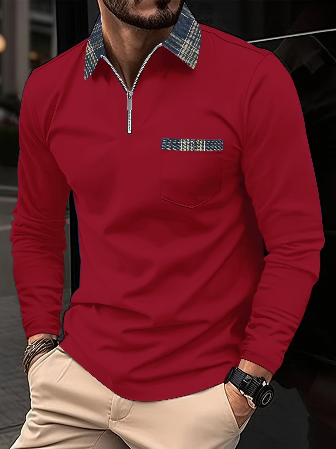 Frank Men's Long Sleeve Polo – Zip Collar Check Pattern Shirt for Smart Casual Wear