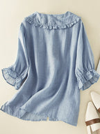 Jillian Women's Cotton Linen Blouse – Ruffle Peter Pan Collar Loose Fit Shirt