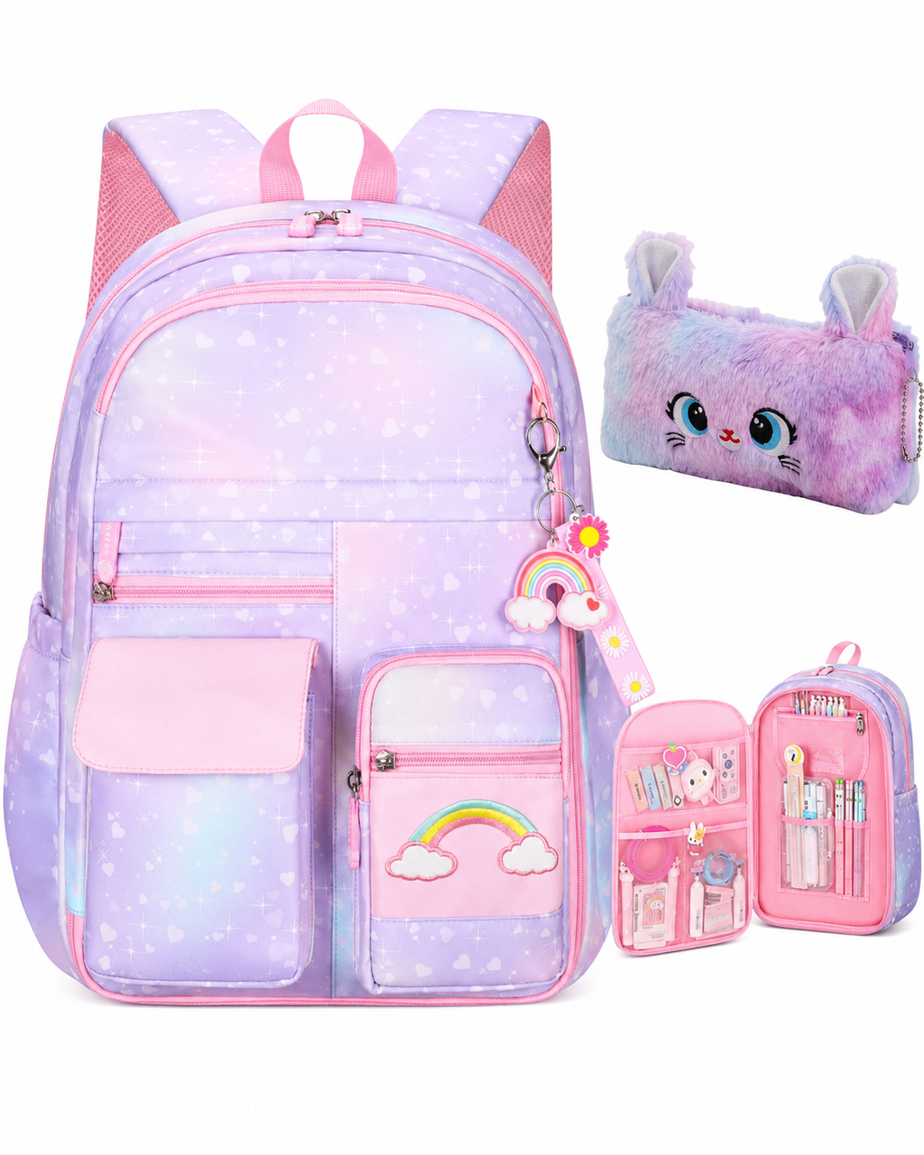 Madison Girls School Backpack – 16-Inch Rainbow Bookbag with Pencil Case & Laptop Compartment