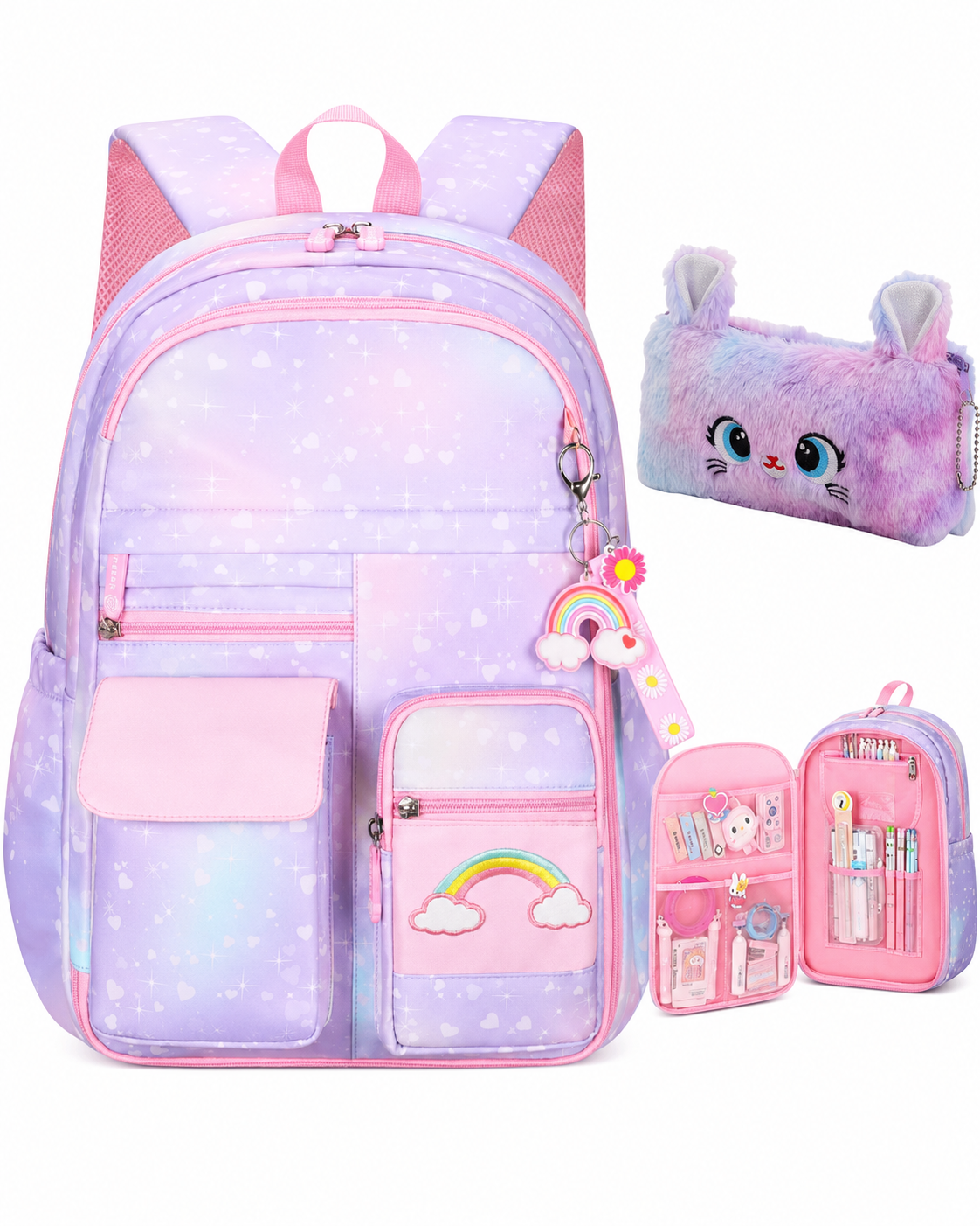 Madison Girls School Backpack – 16-Inch Rainbow Bookbag with Pencil Case & Laptop Compartment