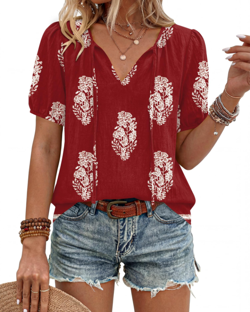 Kendra Women’s Boho Blouse – V-Neck Tie Front Puff Sleeve Lightweight Summer Top