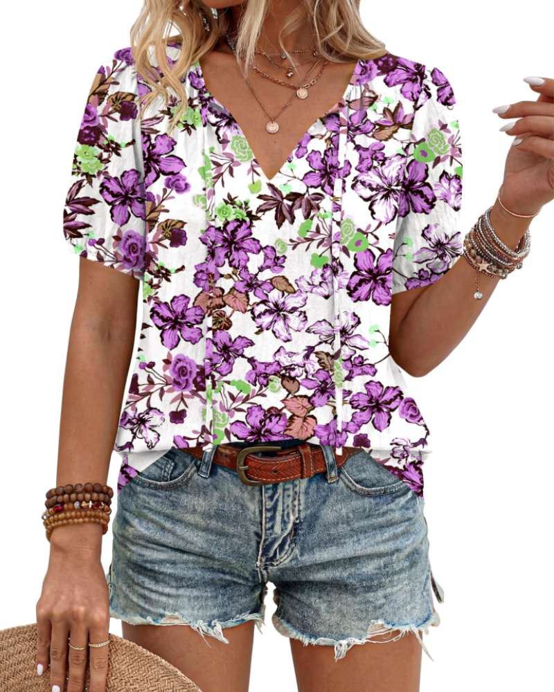 Kendra Women’s Boho Blouse – V-Neck Tie Front Puff Sleeve Lightweight Summer Top