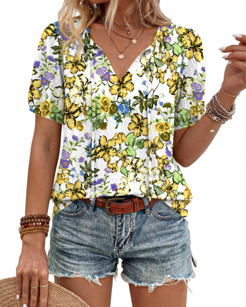 Kendra Women’s Boho Blouse – V-Neck Tie Front Puff Sleeve Lightweight Summer Top