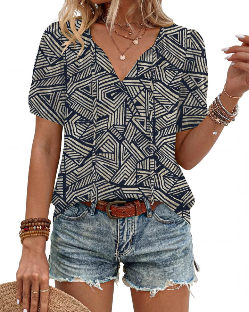 Kendra Women’s Boho Blouse – V-Neck Tie Front Puff Sleeve Lightweight Summer Top