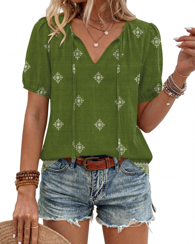 Kendra Women’s Boho Blouse – V-Neck Tie Front Puff Sleeve Lightweight Summer Top