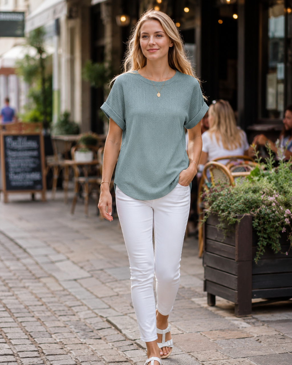 Hannah Women’s Waffle Knit Top – Short Sleeve Round Neck Color Block Shirt