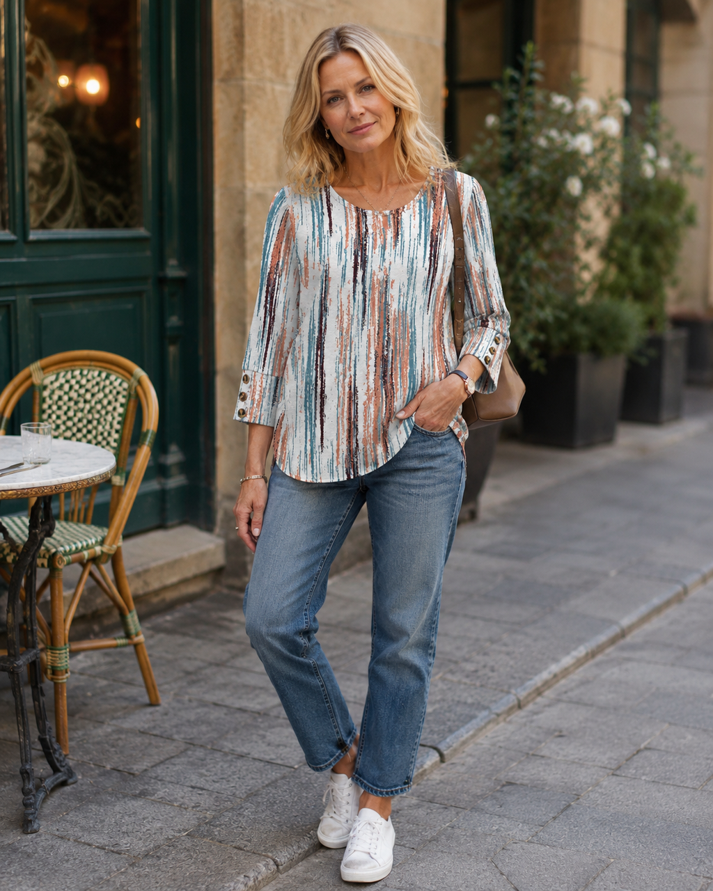 Bella Women’s Button Blouse – 3/4 Sleeve Crew Neck Relaxed Fit Casual Top