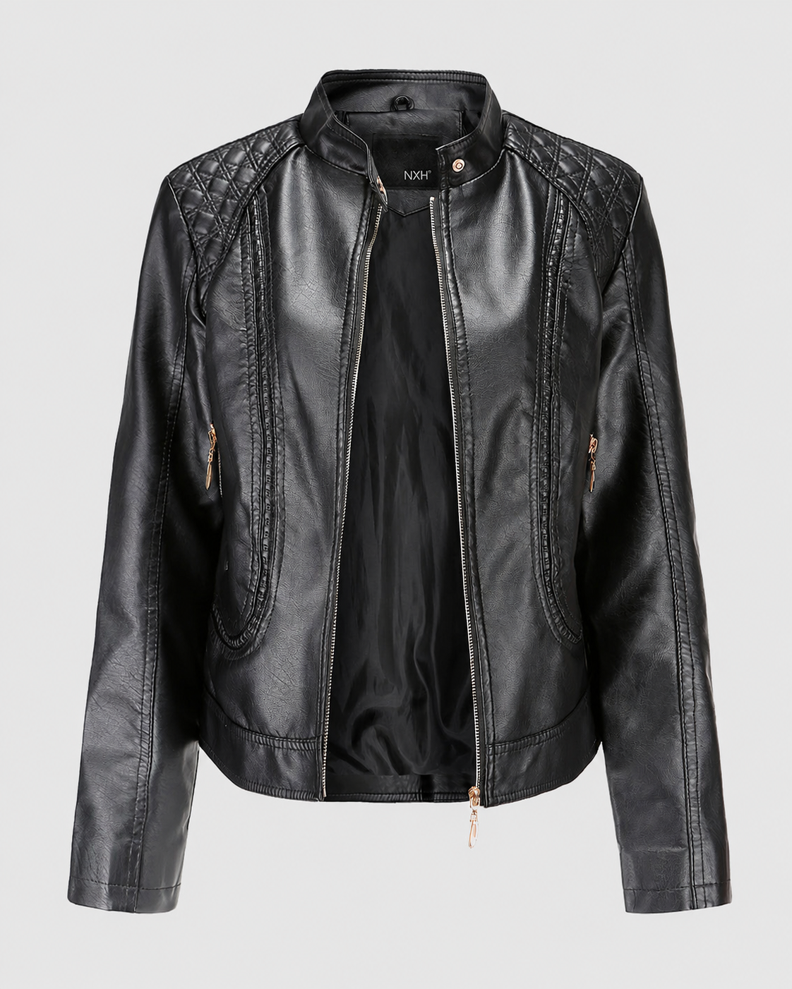 Janiyah Women's Leather Jacket – Stand Collar Zip Jacket with Pockets