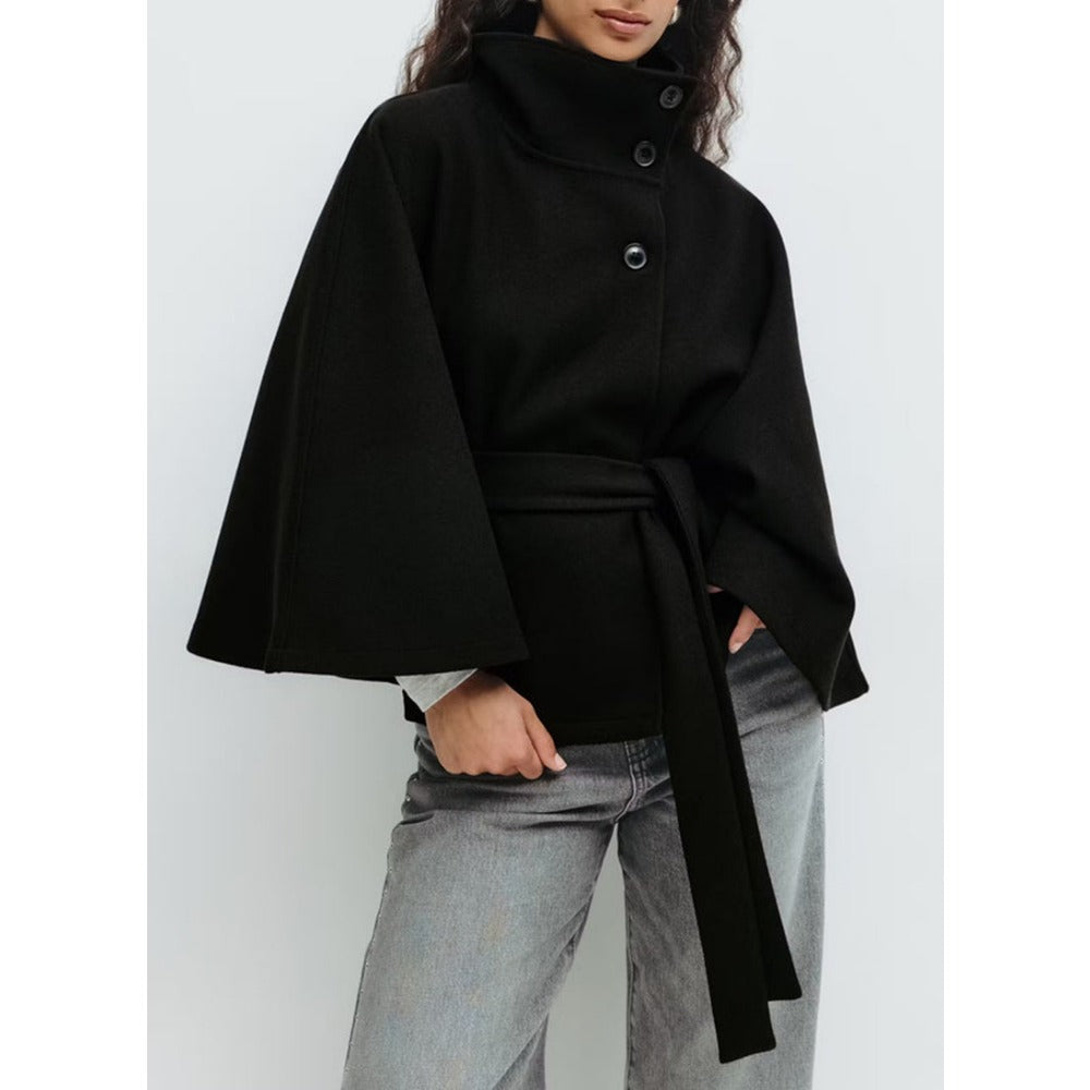 Charlotte Women's Cape Coat – Belted High Collar Elegant Winter Overcoat
