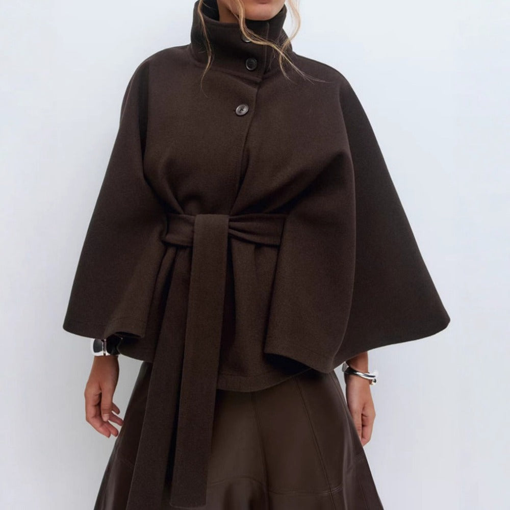 Charlotte Women's Cape Coat – Belted High Collar Elegant Winter Overcoat