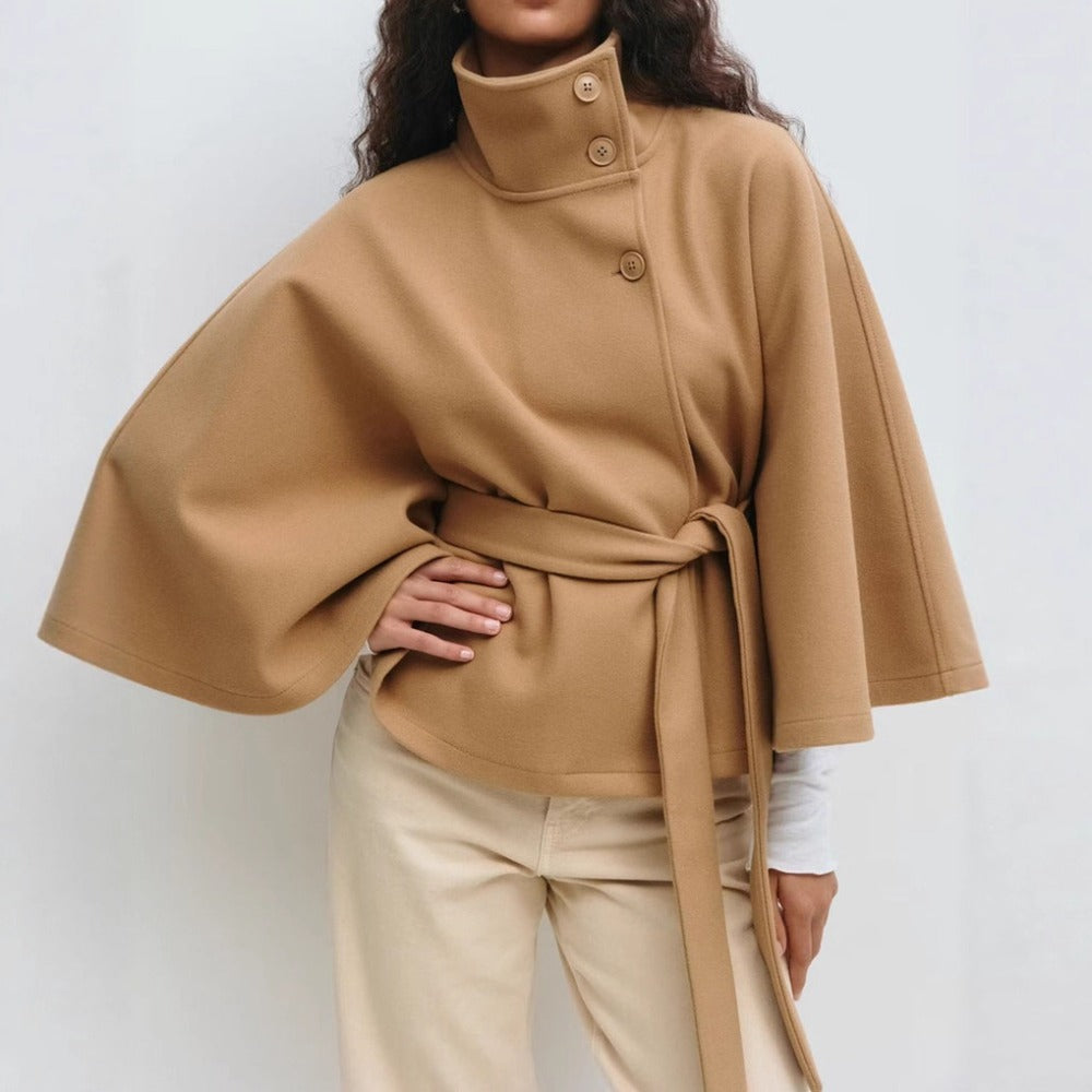 Charlotte Women's Cape Coat – Belted High Collar Elegant Winter Overcoat