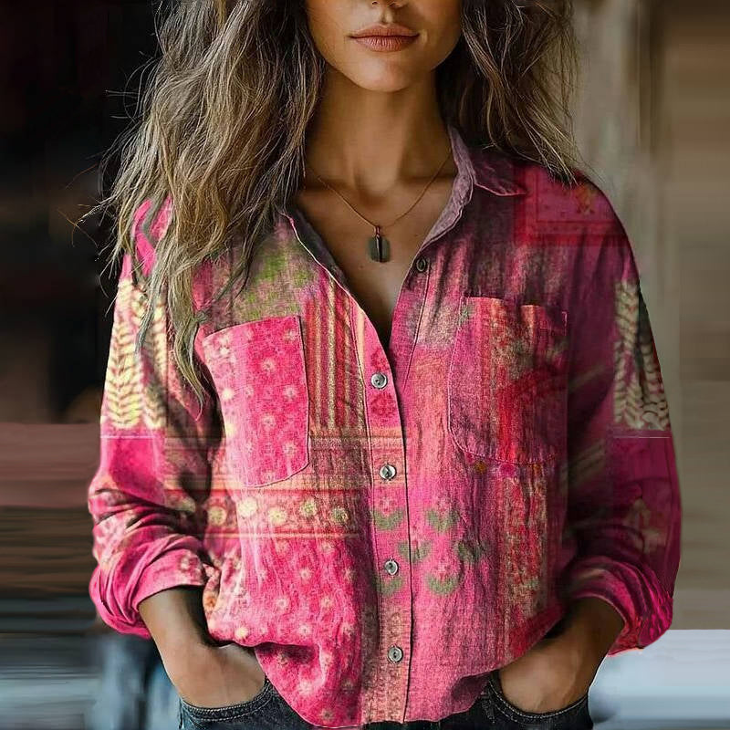 Mira Women's Vintage Blouse – Ethnic Print Button-Up Long Sleeve Shirt