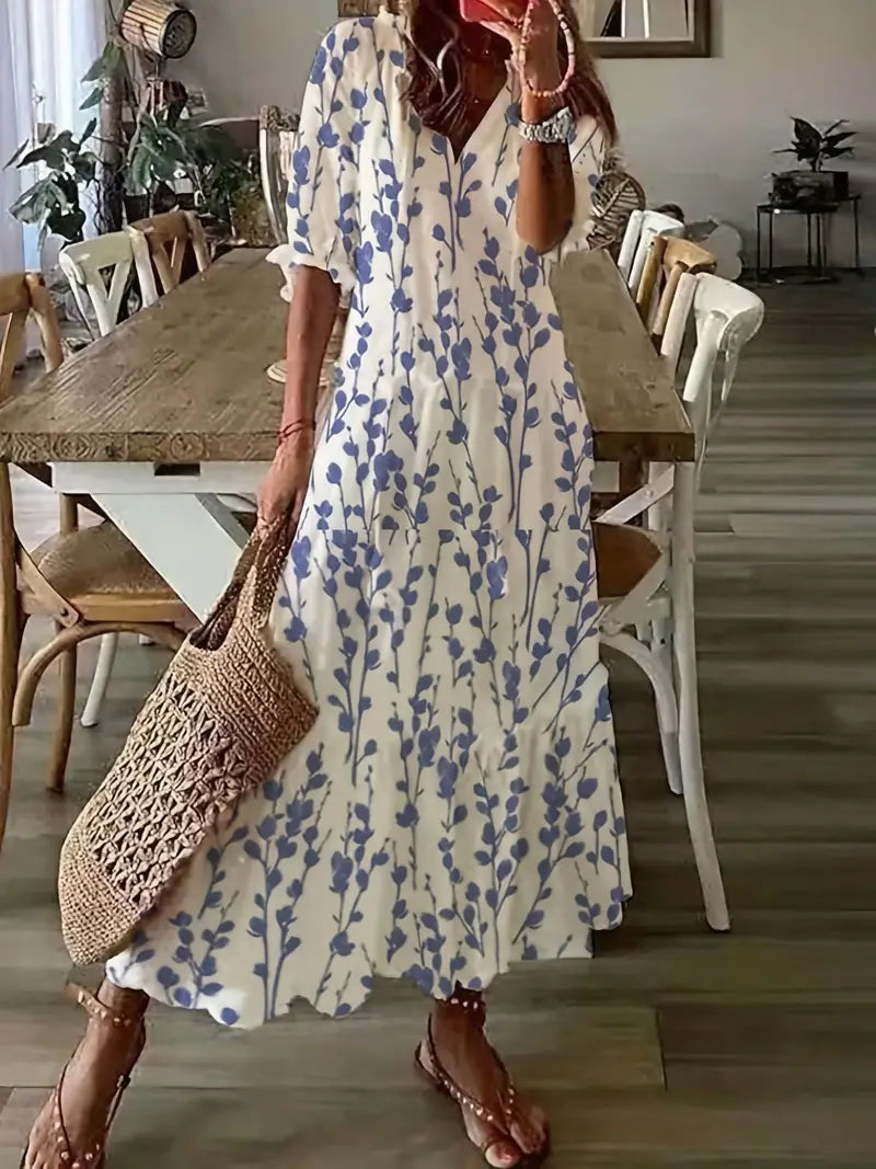 Charm Women's Boho Dress – V-Neck Ruffle Ikat Print Summer Dress
