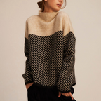 Arla Women’s Cashmere Turtleneck Sweater – Oversized Chevron Knit Winter Jumper