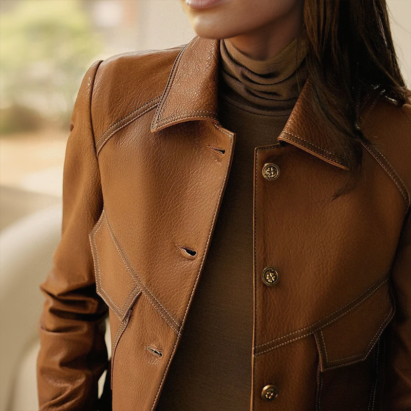 Anita Women's Leather Jacket – Button-Up Elegant Collared Casual Coat
