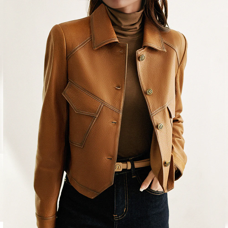 Anita Women's Leather Jacket – Button-Up Elegant Collared Casual Coat