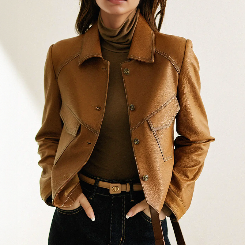 Anita Women's Leather Jacket – Button-Up Elegant Collared Casual Coat