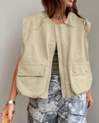 Harper Women’s Oversized Cargo Vest – Zip-Up Streetwear Layer with Ruched Hem