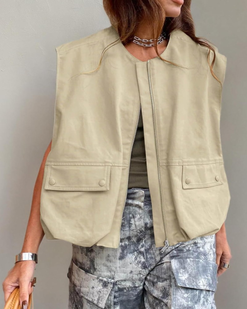 Harper Women’s Oversized Cargo Vest – Zip-Up Streetwear Layer with Ruched Hem