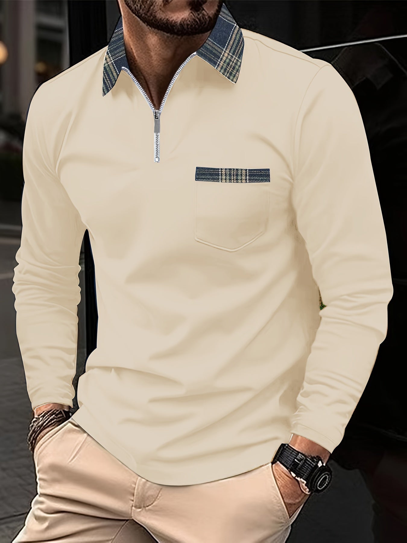 Frank Men's Long Sleeve Polo – Zip Collar Check Pattern Shirt for Smart Casual Wear