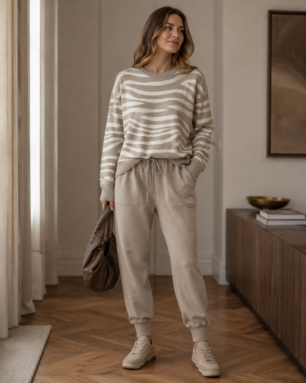 Delaney Women's Cashmere Set – Zebra Print Fitted Casual Lounge Outfit