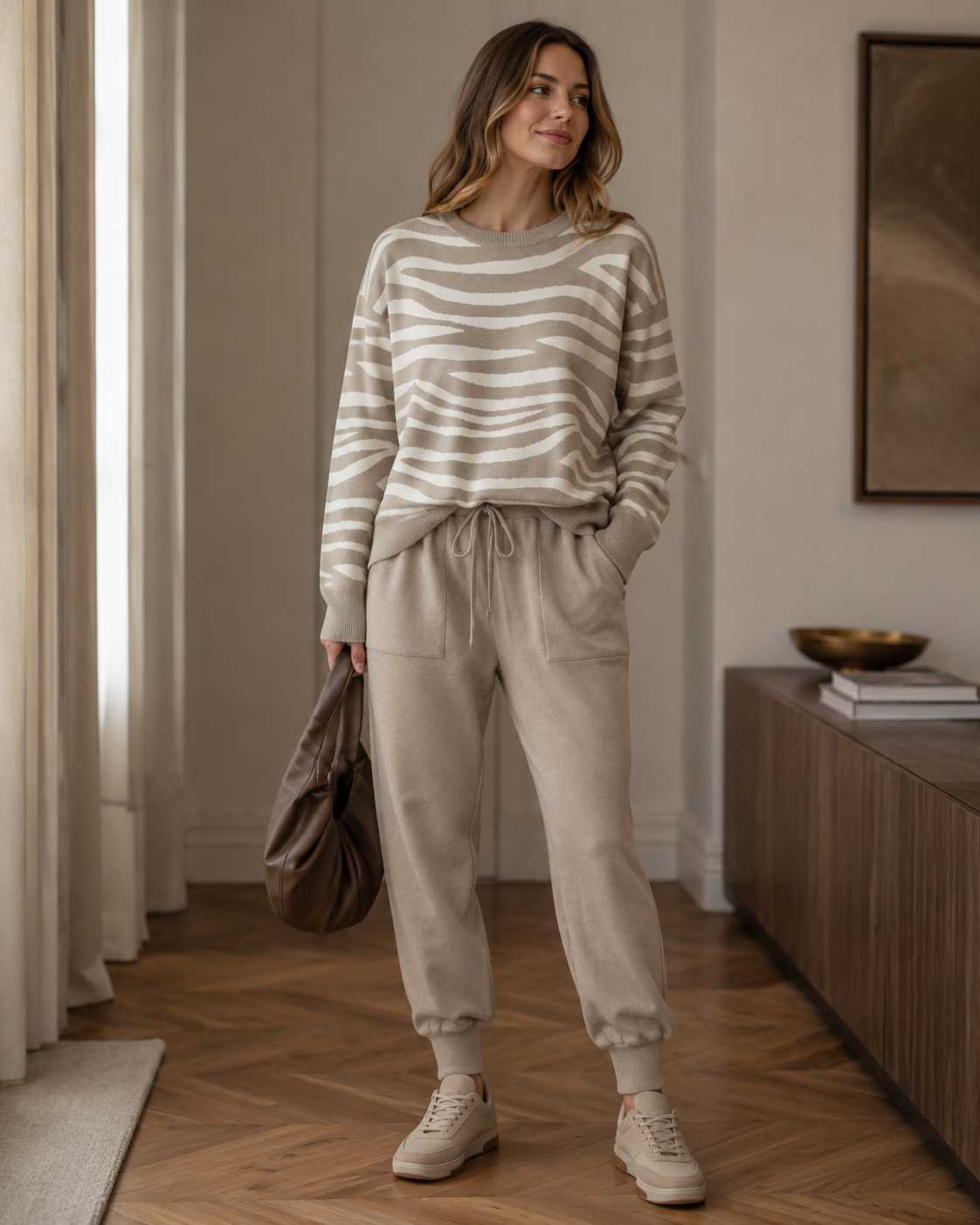 Delaney Women's Cashmere Set – Zebra Print Fitted Casual Lounge Outfit