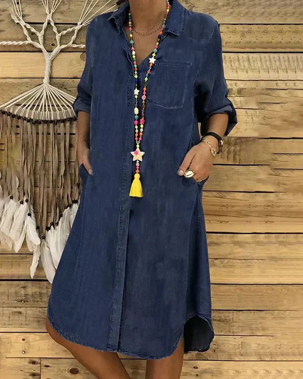 Morgane Women’s Denim Shirt Dress – Lightweight Button-Up Midi Dress with Flattering Fit