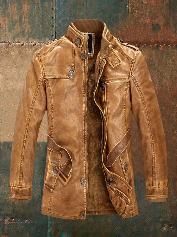 Shon Men’s Vintage Leather Jacket – Classic Button Detail & Warm Lined Zip Coat