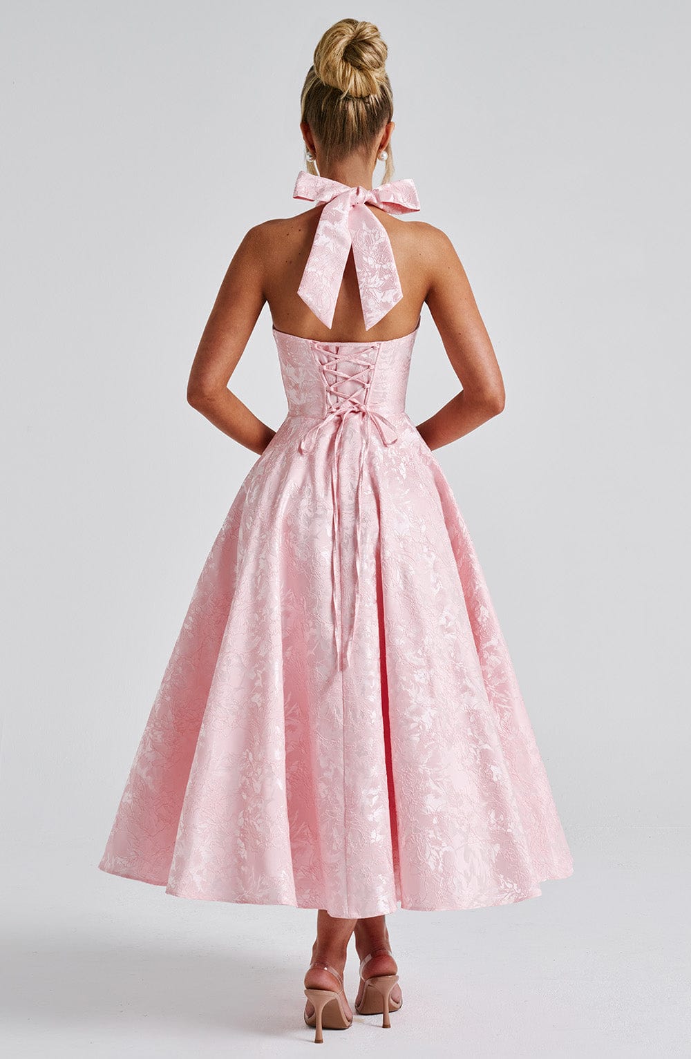 Iris Women’s Midi Dress – Floral Jacquard Corset Dress with Open Back & Flared Skirt