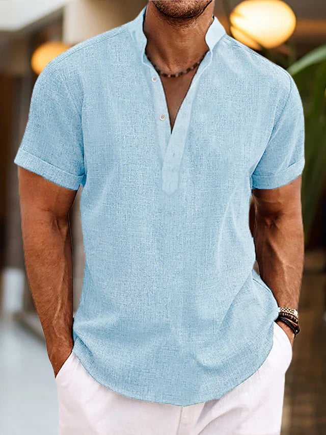 Silas Men's Linen Shirt – Cotton-Linen Henley Short Sleeve Summer Top