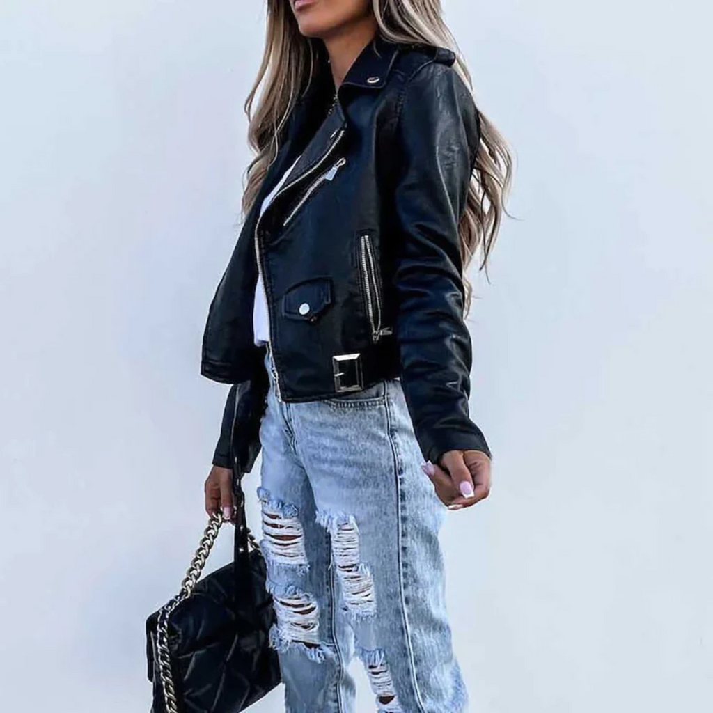 Eva Women’s Leather Jacket – Premium Belted Moto Jacket with Stand Collar