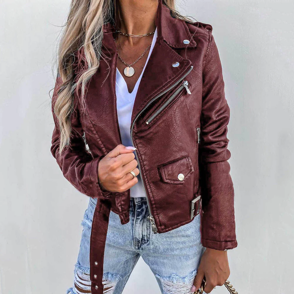 Eva Women’s Leather Jacket – Premium Belted Moto Jacket with Stand Collar