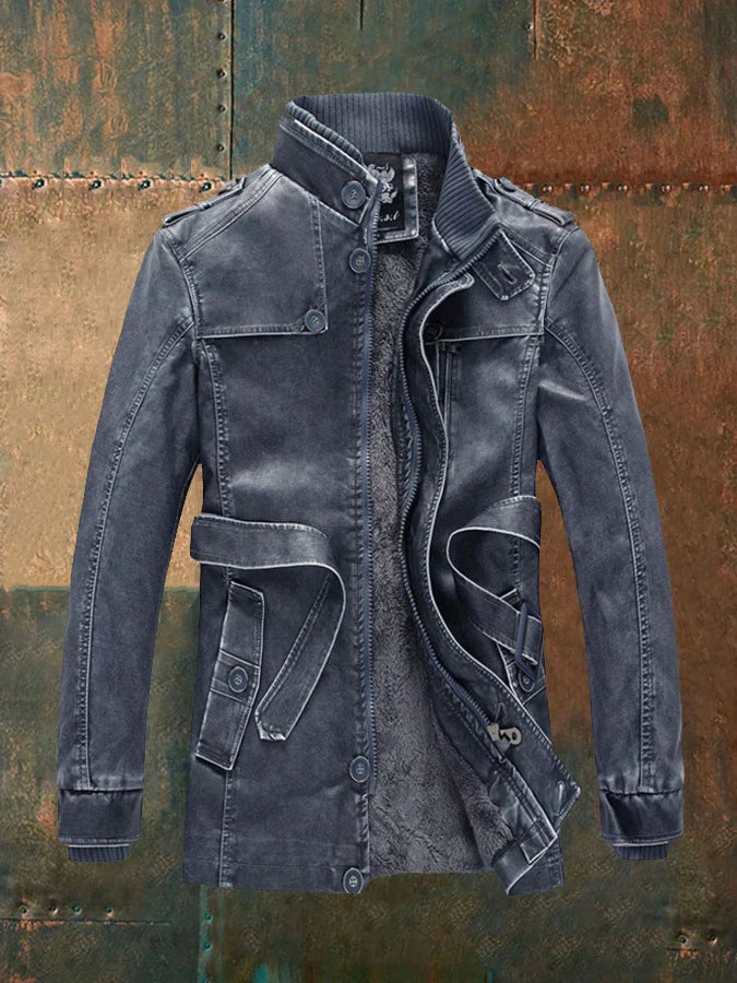 Shon Men’s Vintage Leather Jacket – Classic Button Detail & Warm Lined Zip Coat