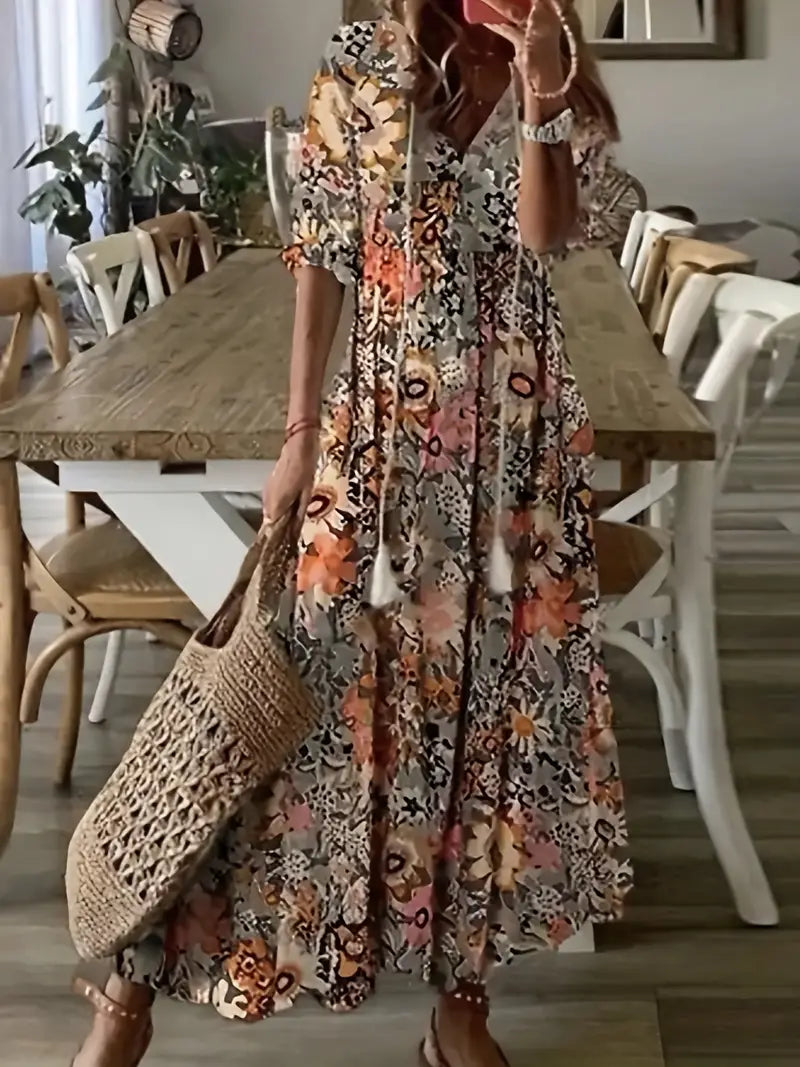 Charm Women's Boho Dress – V-Neck Ruffle Ikat Print Summer Dress