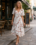 Florence Women's Floral Midi Dress – Wrap V-Neck Belted Puff Sleeve Elegant Dress